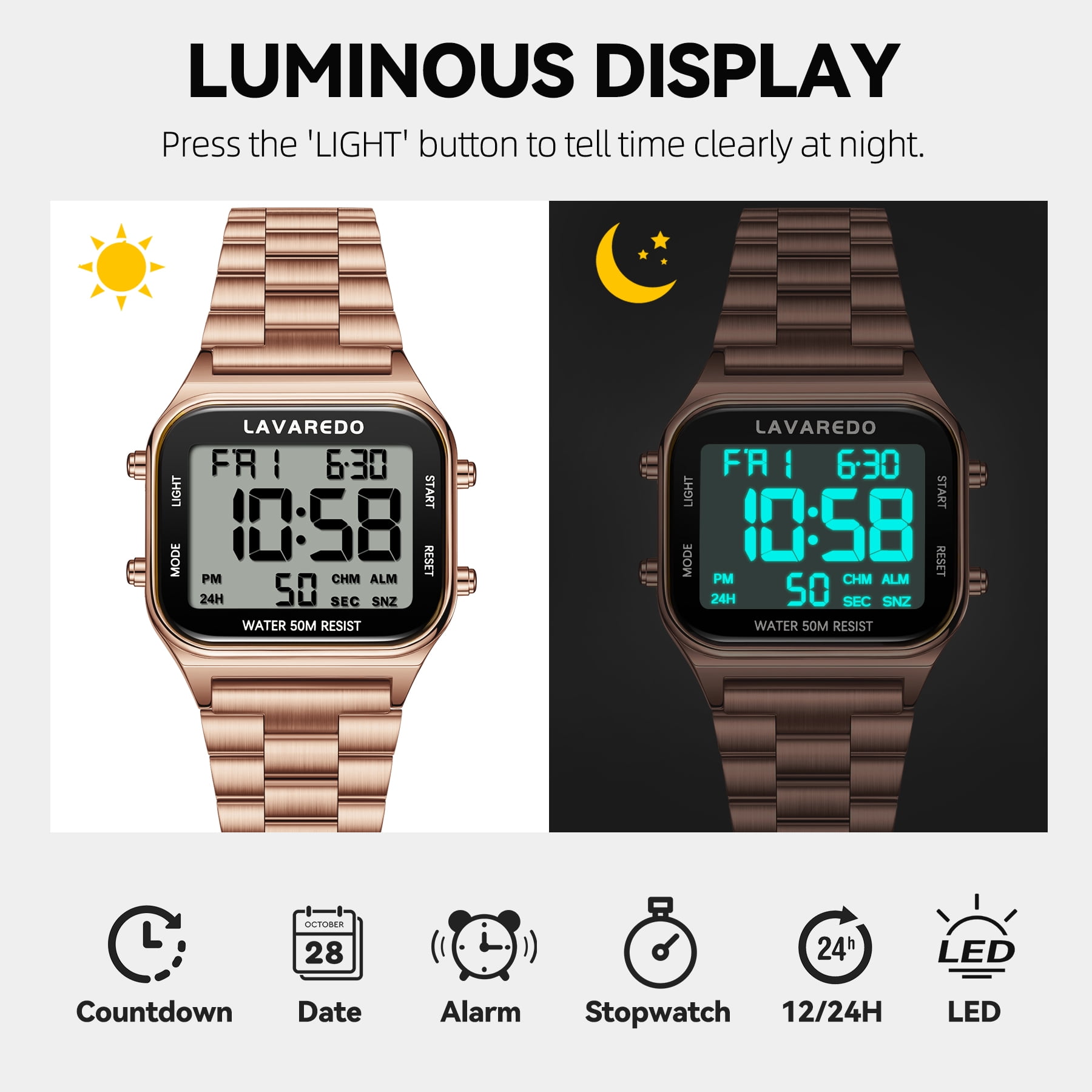 Men's Digital Sport Watch - LED Display, Stainless Steel Strap, Date, Alarm, Stopwatch,Water-Resistant Man Watch Ideal Gift for Men