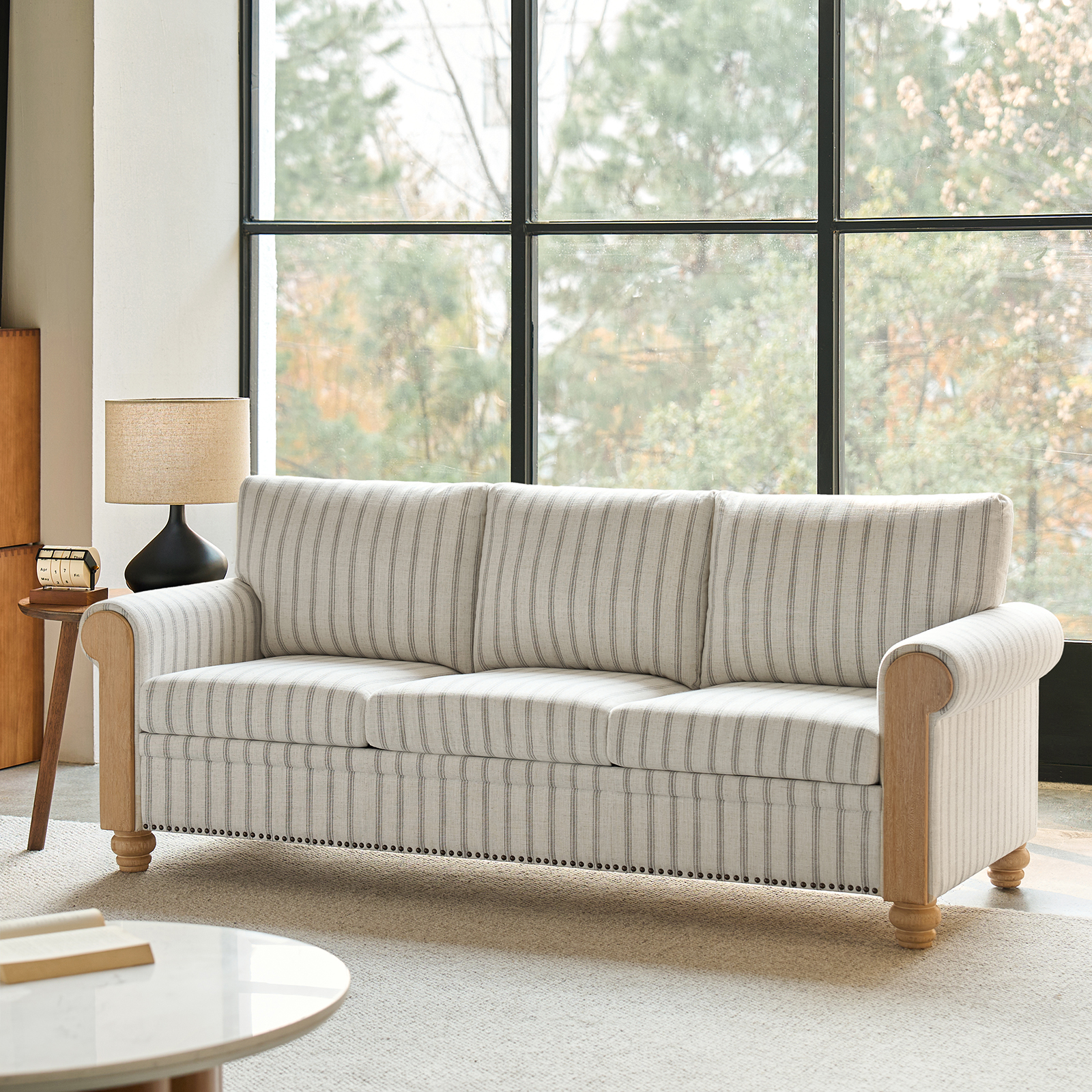 Tina's Home 81" Farmhouse 3-Seater Sofa with Rolled Arms, Upholstered Striped Linen Couch with Solid Wood Legs, Comfortable Living Room Sofa