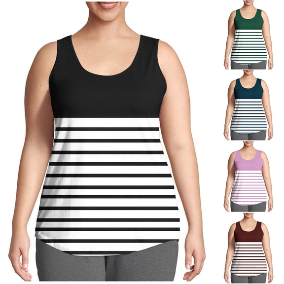 Bixock Tank Tops for Womens Sleeveless Blouse Striped Print Crew Neck Plus Size Loose Casual Shirt Daily Camisole