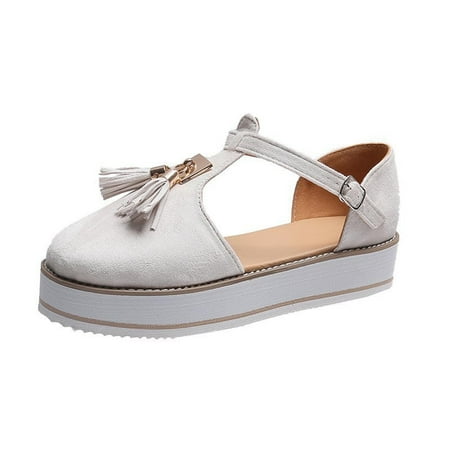 

VKEKIEO Flat Toe Sandals Flat Heel Buckle Tassel White 36