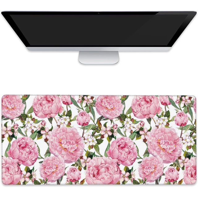 Peony Flowers and Sakura Extended Gaming Mouse Pad - Large Desk Mat, Non-Slip Rubber Base, Stitched Edges, Ideal for Laptop Computer PC, 35.4x15.7 Inches