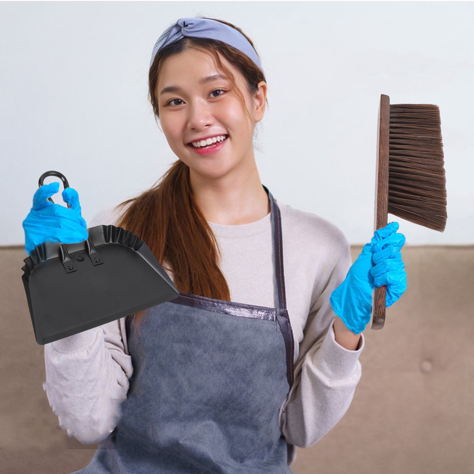 Dustpan and Brush Set, Stainless Steel Beech Dust Pan Broom Dense Bristles Rustproof  for Kitchen