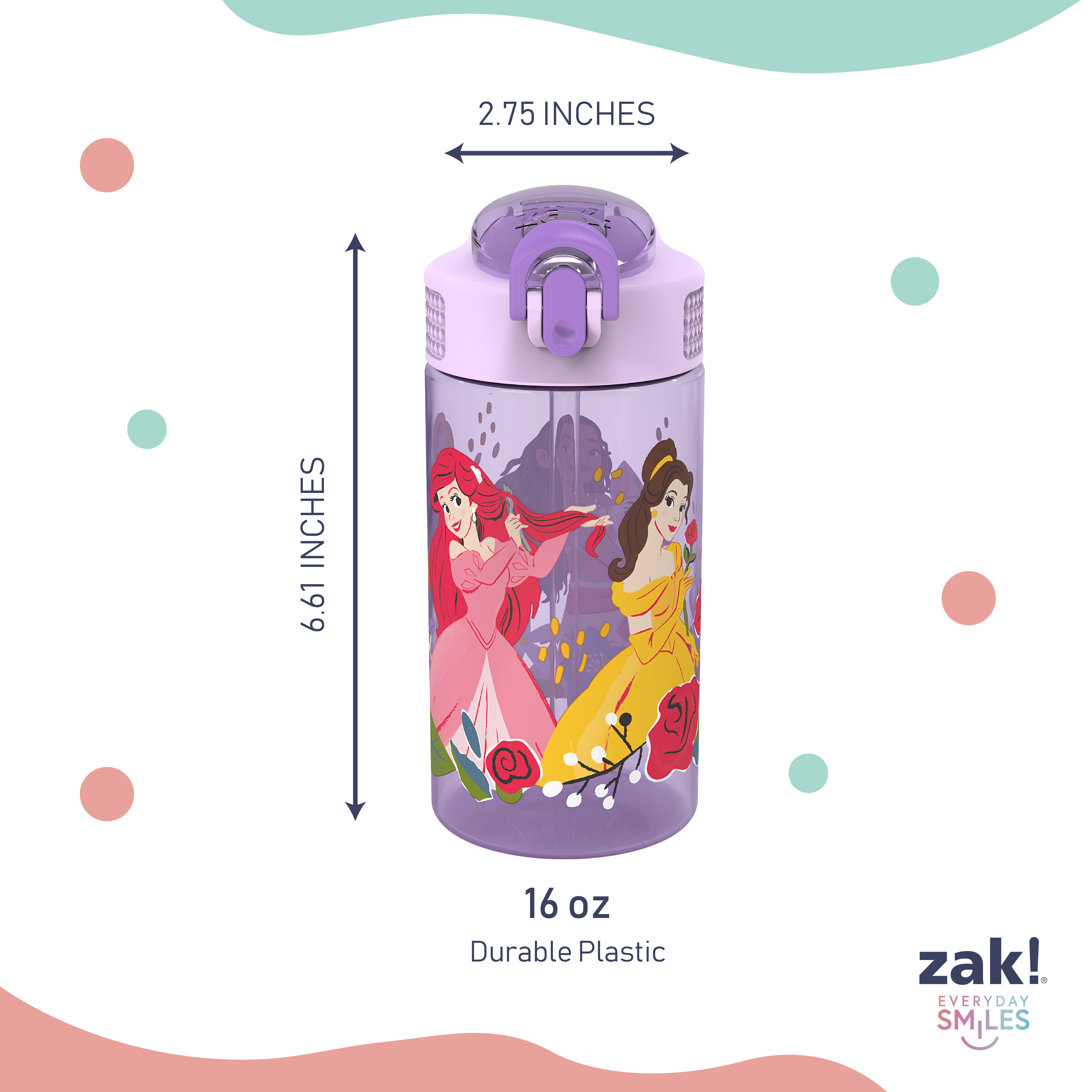 (15 pack) Zak Designs 16oz Princess Kids Straw Water Bottle, Durable Plastic Park Bottle with Easy-Open Locking Spout Cover for Travel, Built in Carry Handle
