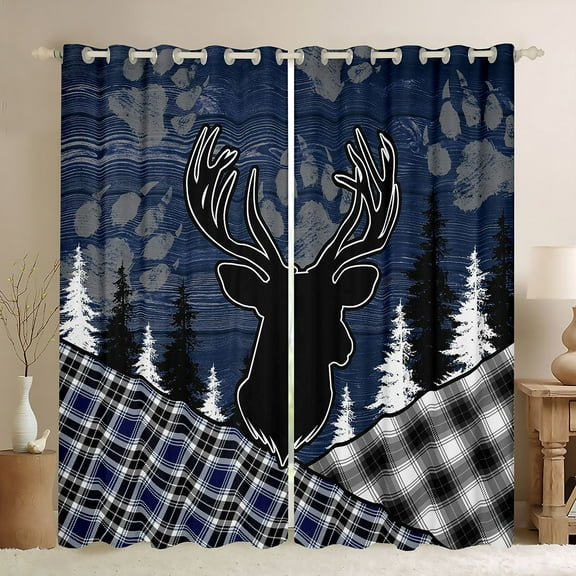 Feelyou Wildlife Reindeer Moose Black Out Curtains, Checkered Buffalo Plaid Curtains Pack of 2 (42x63 Each), Navy Vintage Farmhouse Bedroom Curtains, Living Room Curtains Decor