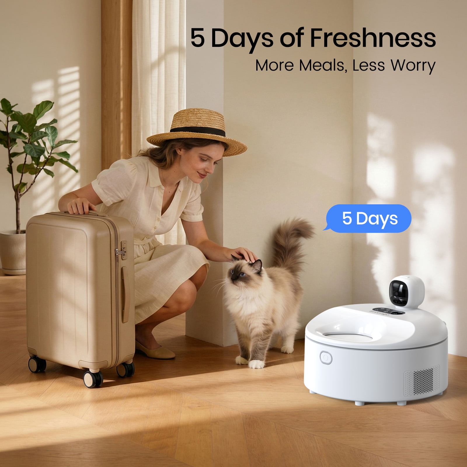 Smart Wet Food Feeder with Camera, Invengo Dual Semiconductor Cooling & Heating with 5 Stainless Steel Trays, Dual-band Wi-Fi APP Control, 5 Fresh Meals Pet Food Dispenser, White
