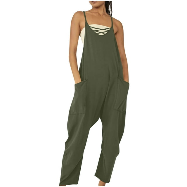 lmcalzta Womens Jumpsuits Summer Rompers Spaghetti Strap Camisole Pnats with Pockets Overall Outfits