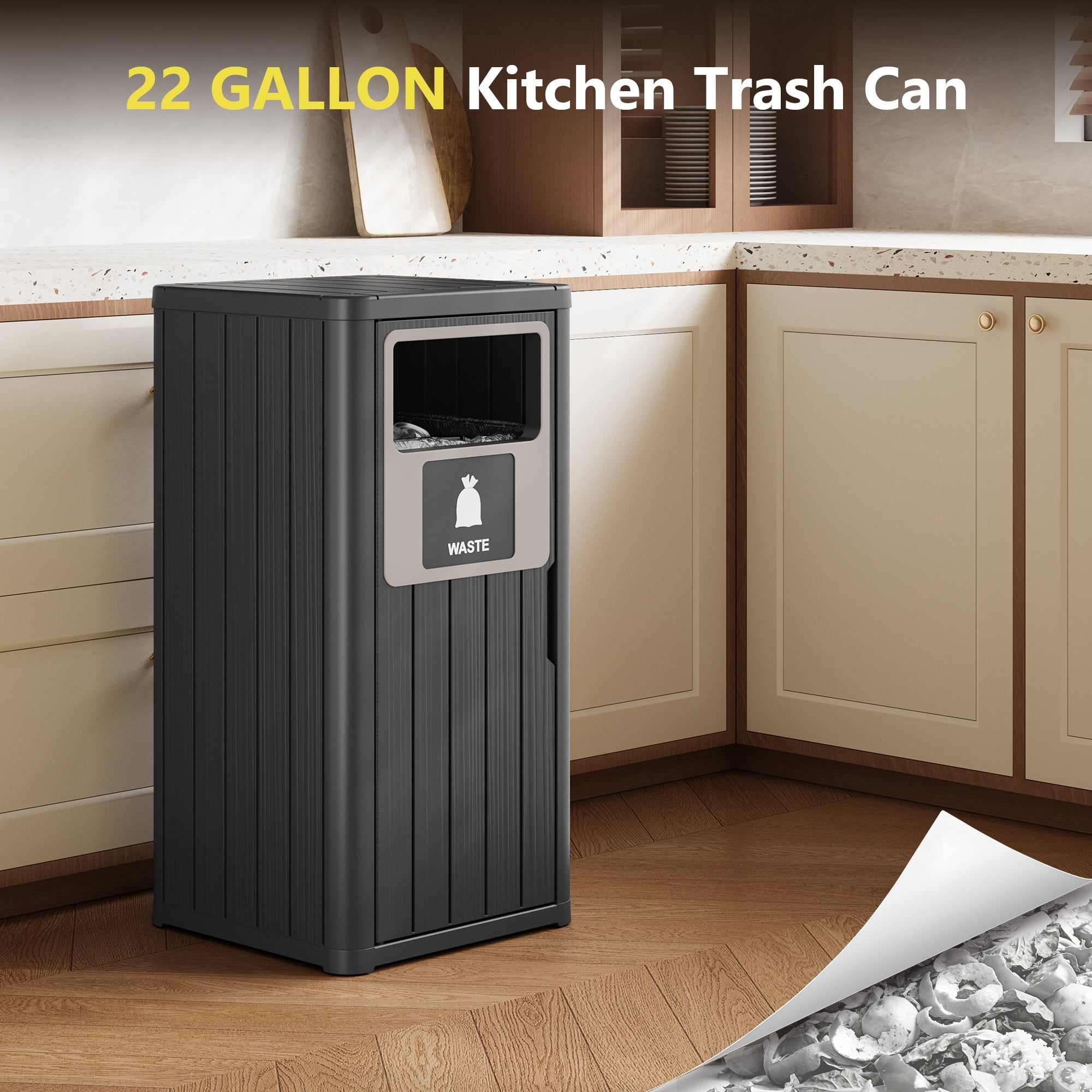 Nihsuao 42 Gallon Resin Trash Can, Durable & Waterproof Outdoor Garbage Bin with Garbage Labels, Weather-Resistant Waste Bin for Indoor Kitchen, Outdoor Porch, Backyard, (Black, 1)