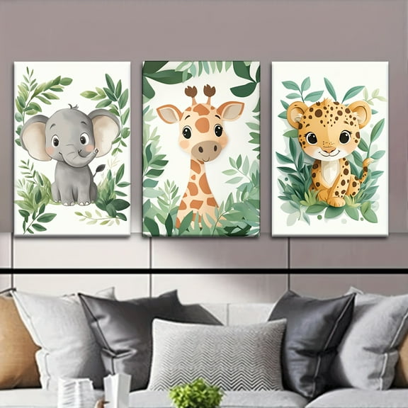 3pcs Set Elephant Lion Giraffe Jungle Animal Paintings - Green Leafy Canvas Wall Art Posters, African Wildlife Theme, Unframed Hand-Painted Drawings for Office Decor, Perfect Birthday Valentine's Ea