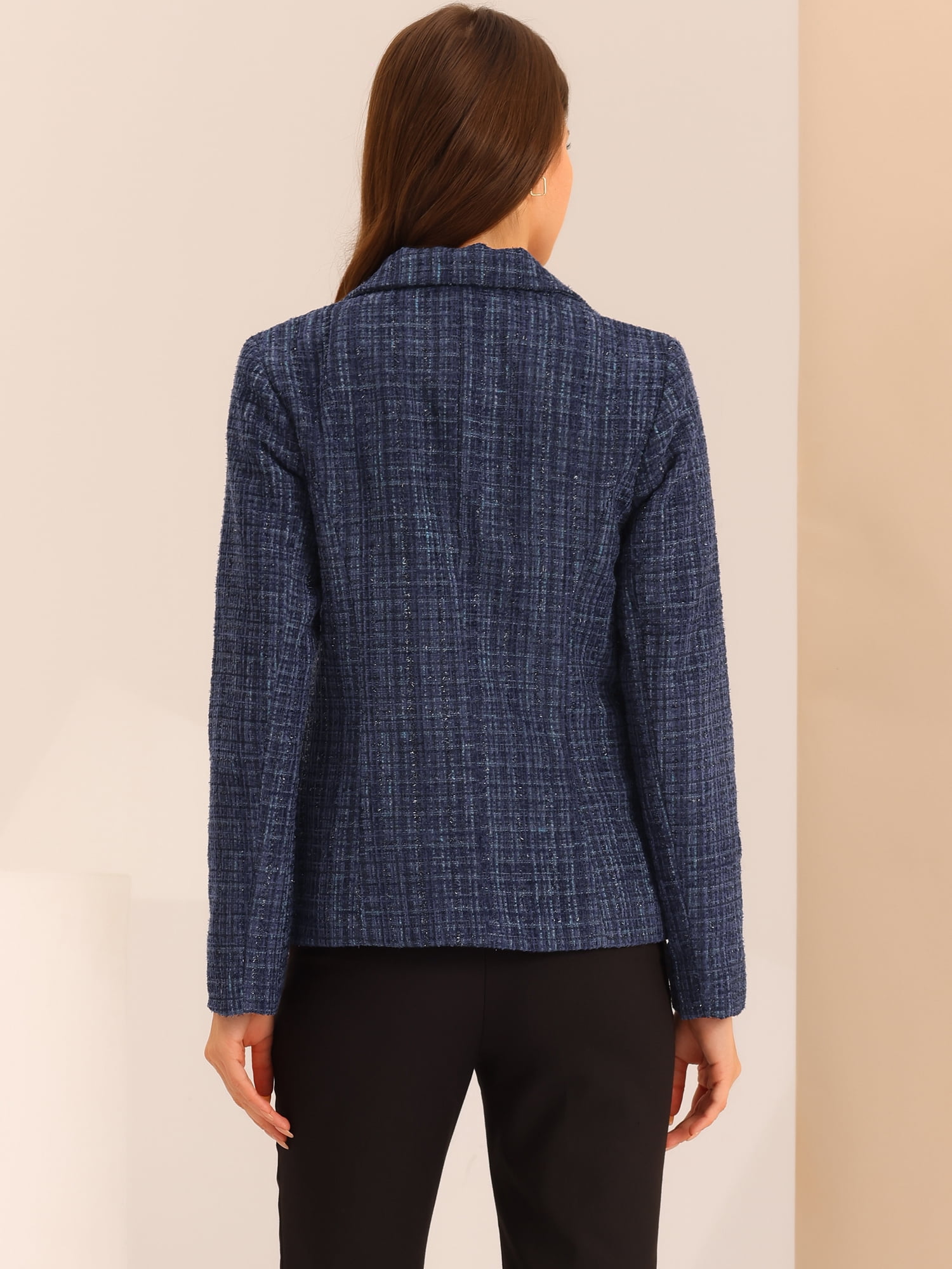 DARING DIVA Women's Plaid Blazer Notch Lapel Tweed Jacket XL Dark Blue