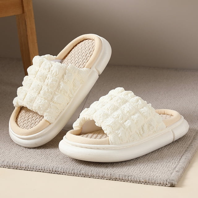 (Especificado de venta) Pantuflas de lino y algodón de burbujas de estilo japonés con suela gruesa Four Seasons - Suela gruesa de lino cuadrado blanquecino (Adecuado para pies 39-40)