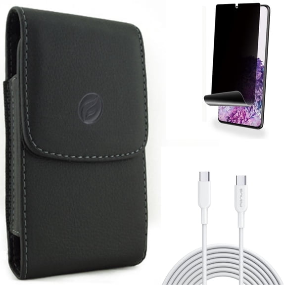 Privacy Screen Protector w Case Belt Clip w 10ft Long Type-C Cable for Samsung Galaxy S20 Plus - TPU Film [NOT GLASS] [Fingerprint Works], Leather Holster Cover, Fast Charger Cord fits Galaxy S20 Plus