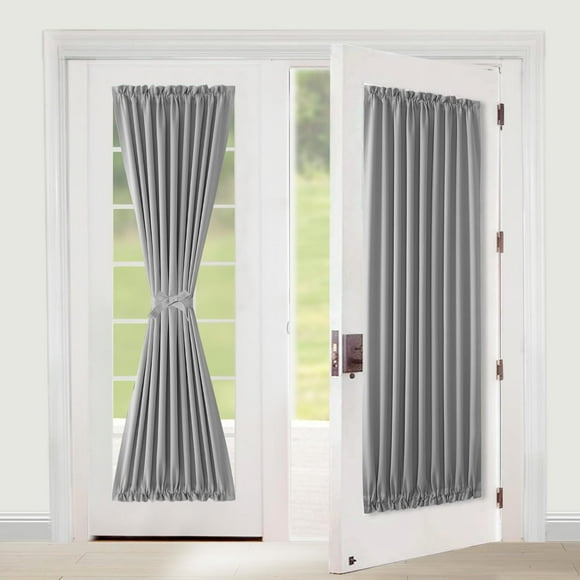 shiyou-French Door Curtains for Front Door Window, Room Darkening Privacy Thermal Insulated Blackout for Glass Door Covering, Rod Pocket Curtains and Tiebacks, 54W by 72L, 1 Panel, Silver Grey