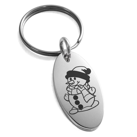 Stainless Steel Happy Snowman Engraved Small Oval Charm Keychain Keyring