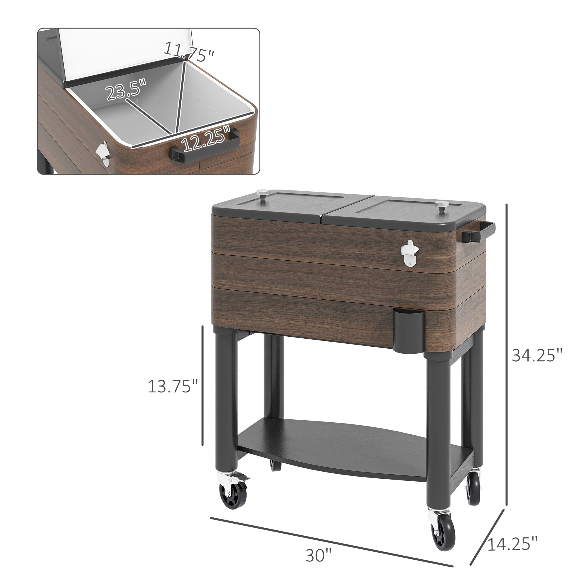 Outsunny Patio Cooler Cart with Bottle Opener 60 Qt. Rolling Ice Chest