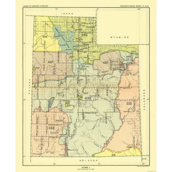 Historic State Map - Utah Great Salt Lake - Hoen 1896 - Vintage Wall Art