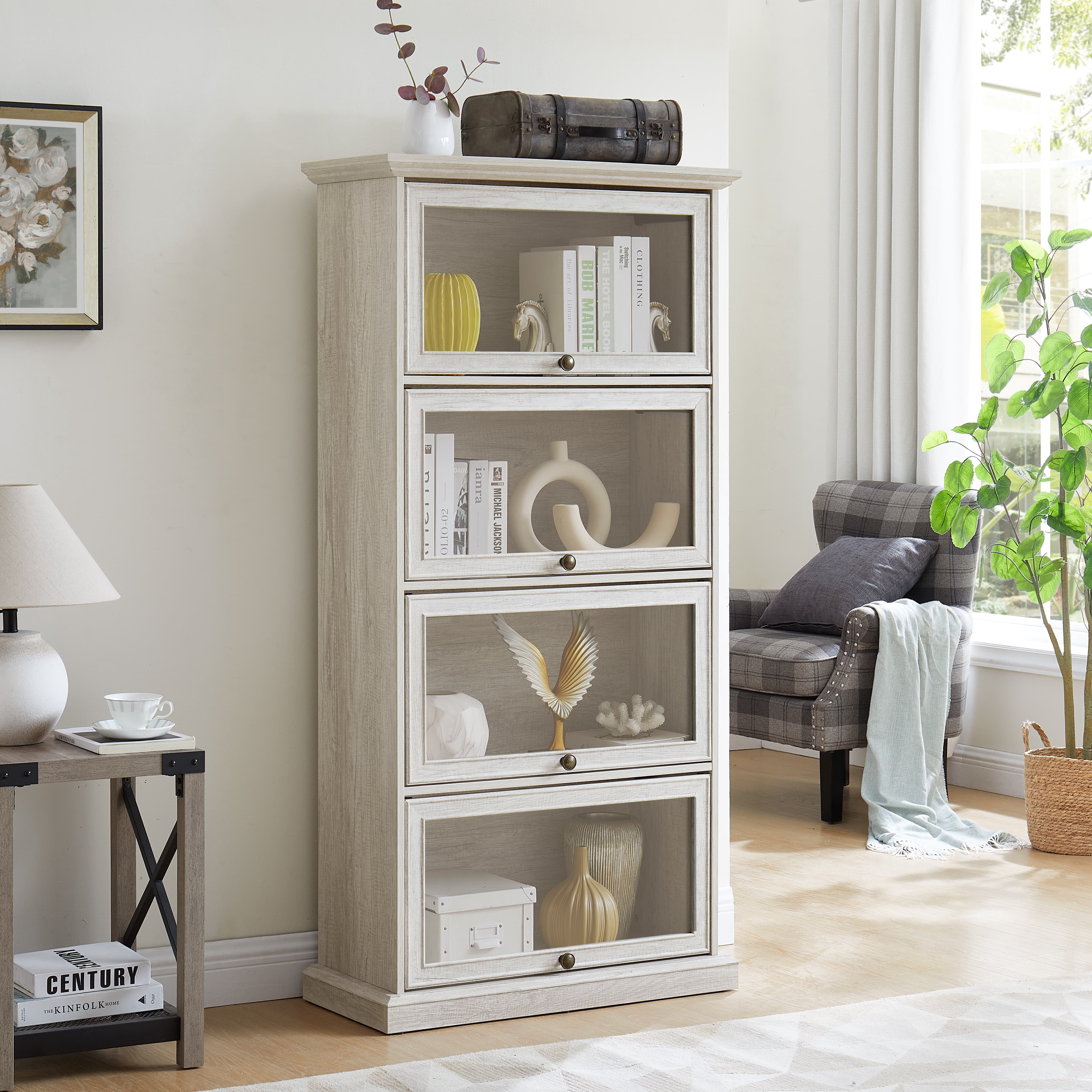 Aukfa 4-Tier Glass Display Cabinet,Cabinet Storage Curio Cabinet with Flip up Glass Doors, White