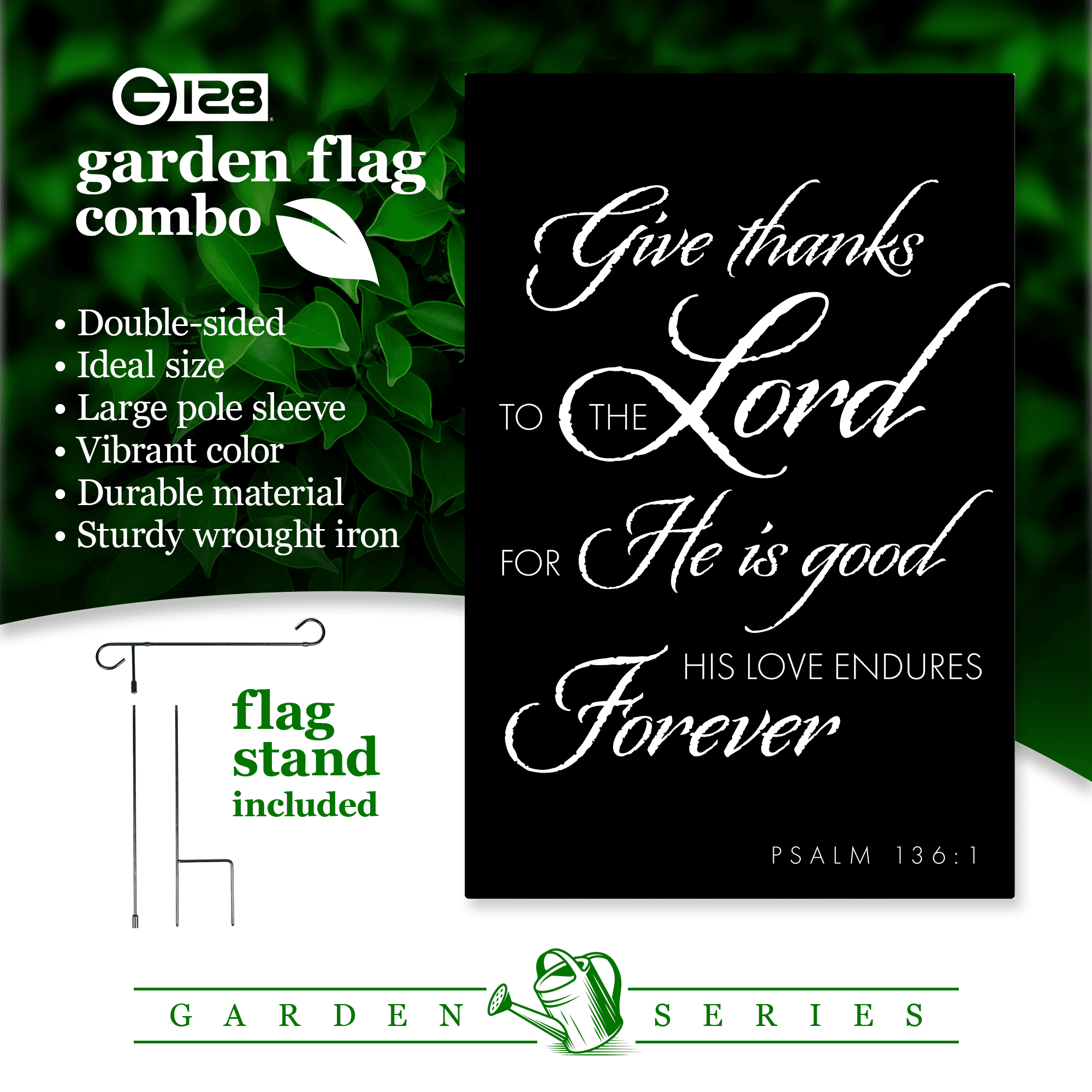 G128 Combo Pack: Garden Flag Stand Black 36x16IN & Garden Flag Give Thanks to the Lord Scripture Printed 12x18IN Double Sided Yard Lawn Decoration