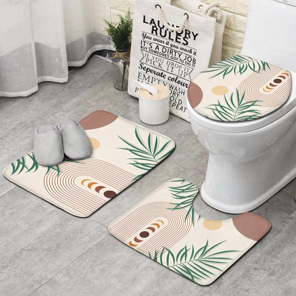 Green Boho Geometric and Plant Pattern Bathroom Rugs Sets 3 Piece,Toilet Cover Set,Absorbent Non Slip Bathroom Mats Sets with U-Shaped Contour Rug Toilet Rug Set