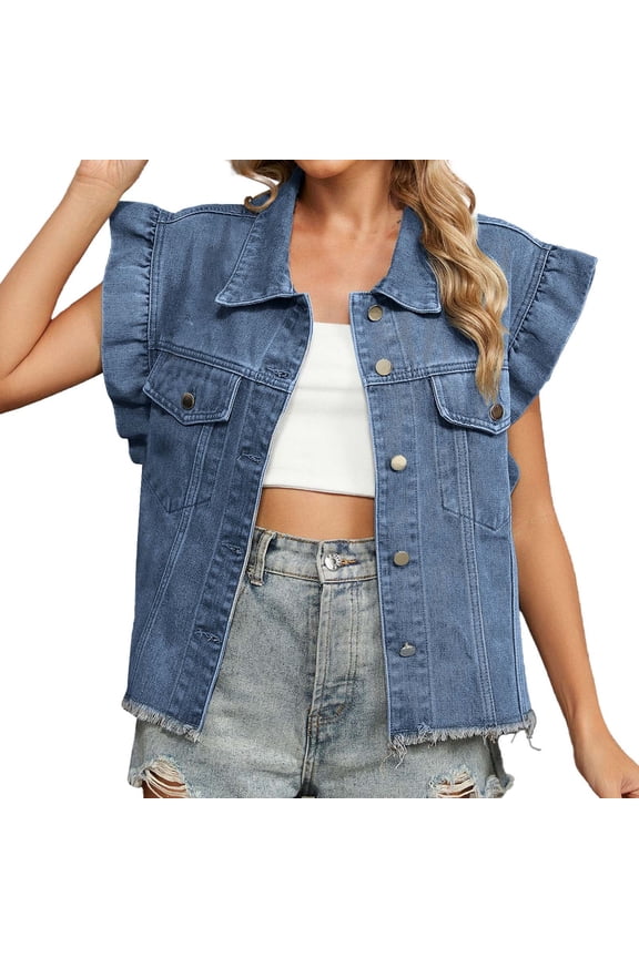 Women's Washed Wooden Ear Trim Denim Vest Soft Fabric, Oversized, with Pockets, for Multiple Occasions