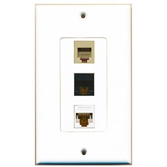RiteAV - 1 Port Phone RJ11 RJ12 Beige and 1 Port Cat6 Ethernet White and 1 Port Cat6 Ethernet Black Decorative Wall Plate Decorative