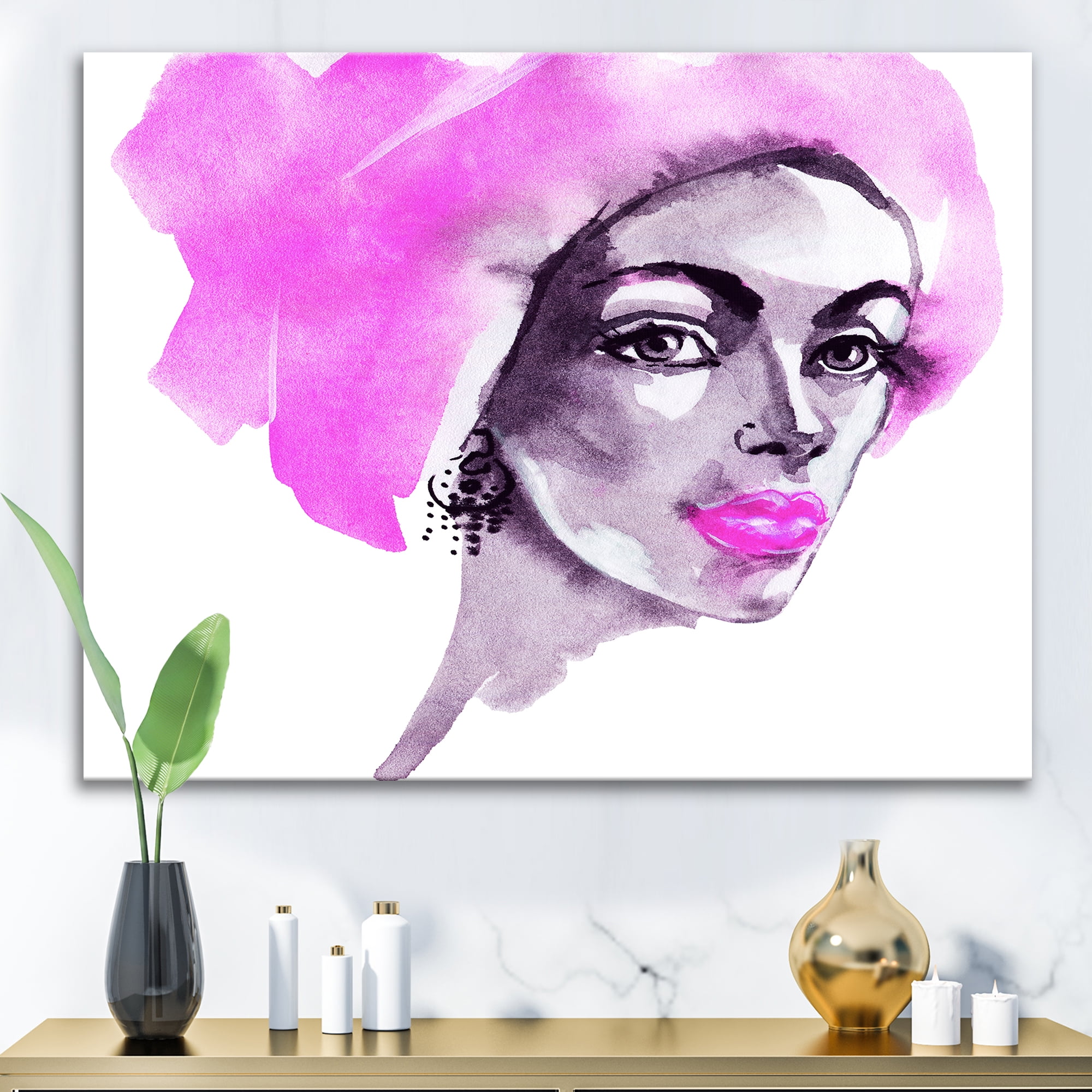 Afro American Pink Woman Fashion Portrait 32 in x 16 in Painting Canvas Art Print, by Designart