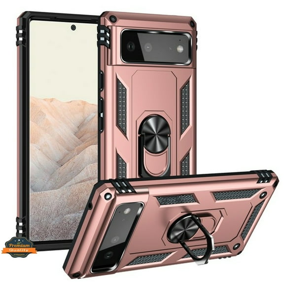 For Google Pixel 6 Shockproof Hybrid Dual Layer PC   TPU with 360° Ring Stand Metal Kickstand Heavy Duty Armor Shell Phone Case Cover by Xpression [Rose Gold]