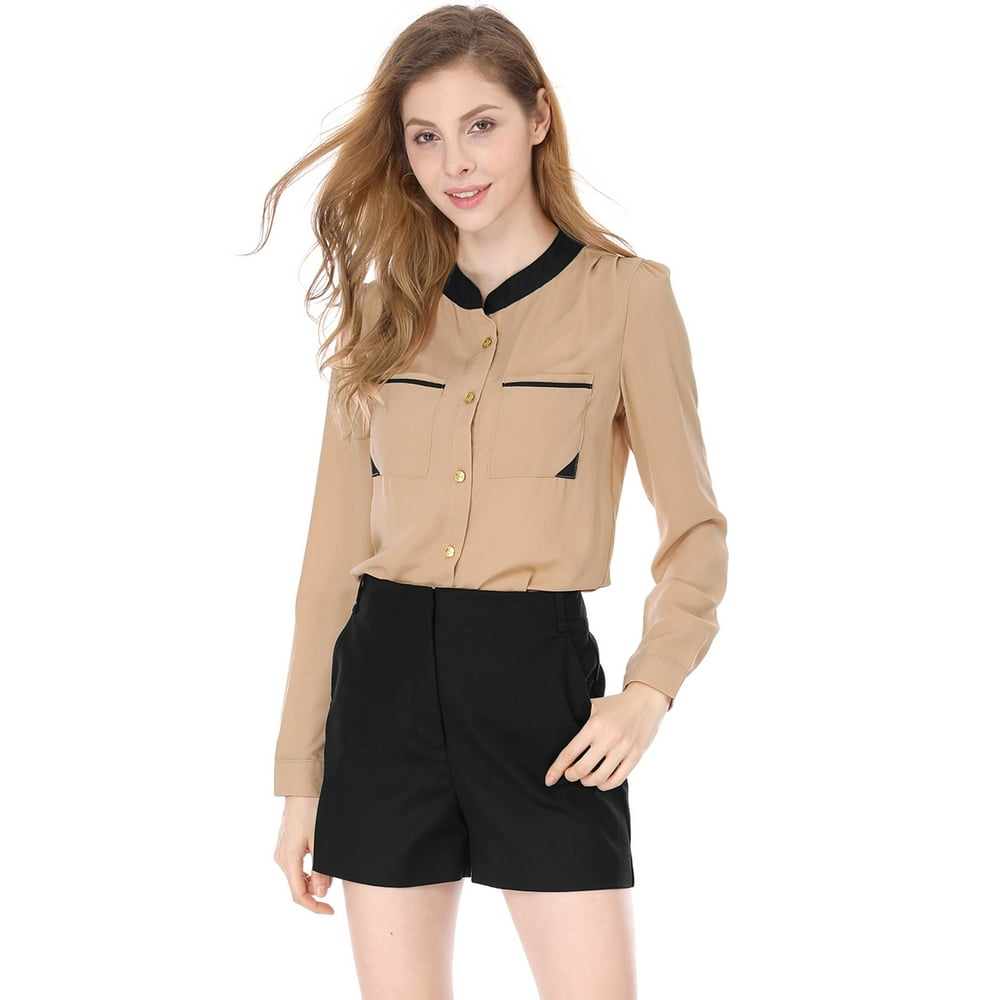 Unique Bargains Women's Bust Pockets Sheer Chiffon Button Up Shirt