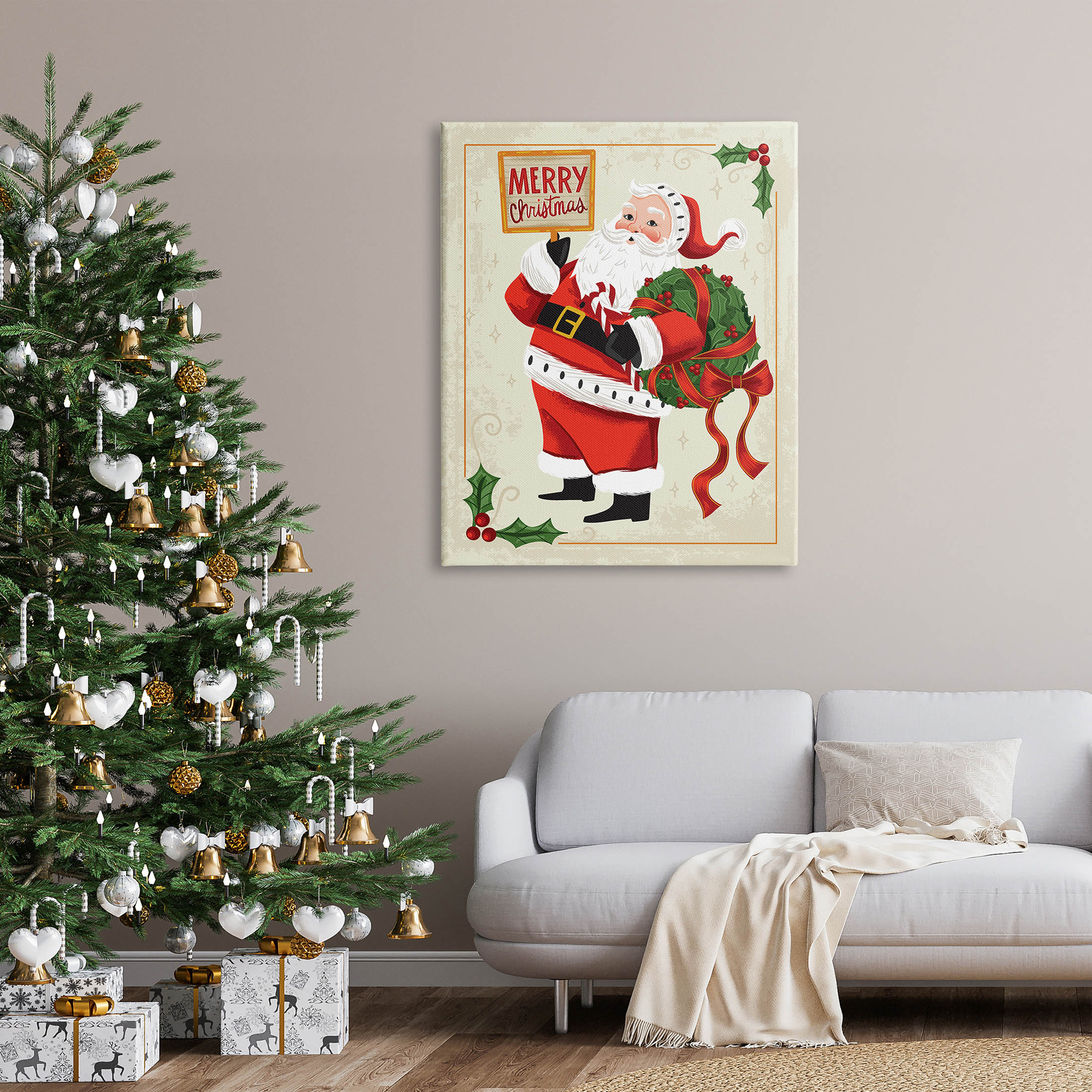 Merry Christmas Vintage Santa Holiday Graphic Art Gallery Wrapped Canvas Print Wall Art