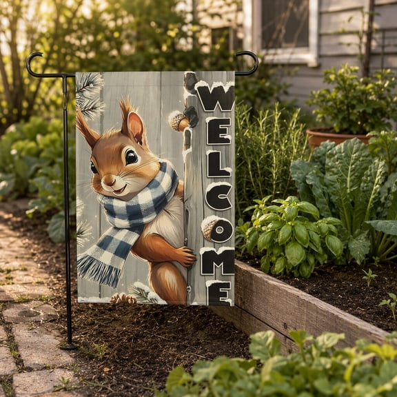 Ahaia Winter Welcome Garden Flag 28 x 40 Inch, Faux Linen Yard Flag, Cute Squirrel with Plaid Scarf Pinecone Snow Decor Flag, Double Sided Seasonal Flag for Porch Lawn Patio Decoration