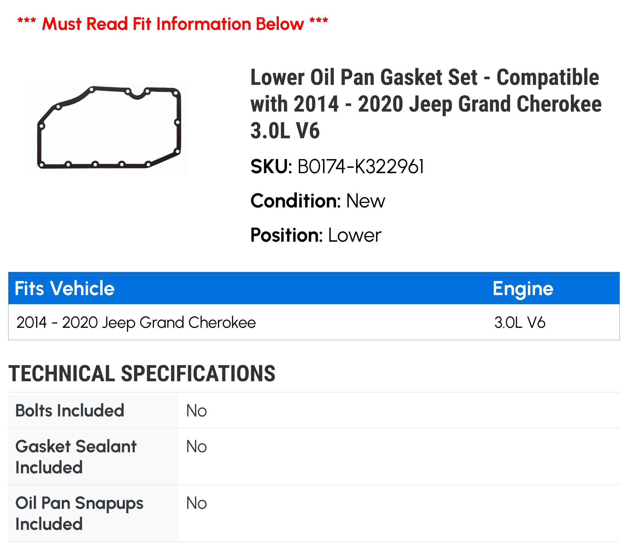 Lower Oil Pan Gasket Set - Compatible with 2014 - 2020 Jeep Grand Cherokee 3.0L V6 2015 2016 2017 2018 2019