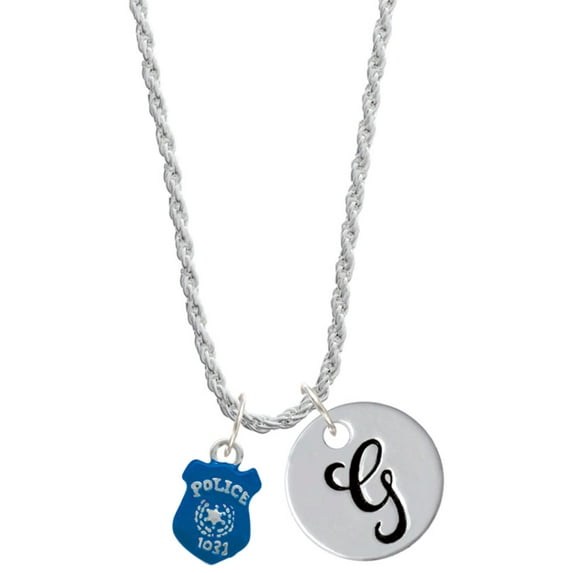 Delight Jewelry Silvertone Blue Policeman's Badge Silvertone Script Initial Disc - G - Charm Necklace, 20"+3"