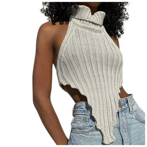 Women's Sexy Backless Turtleneck Knit Vest Slim Fit Solid Color Irregular Sweater for Casual Outfits