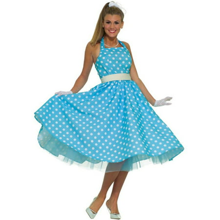 50's Sock Hop Blue White Polka Dot Dress Halloween Adult One-Size Costume SND, Style FM61719