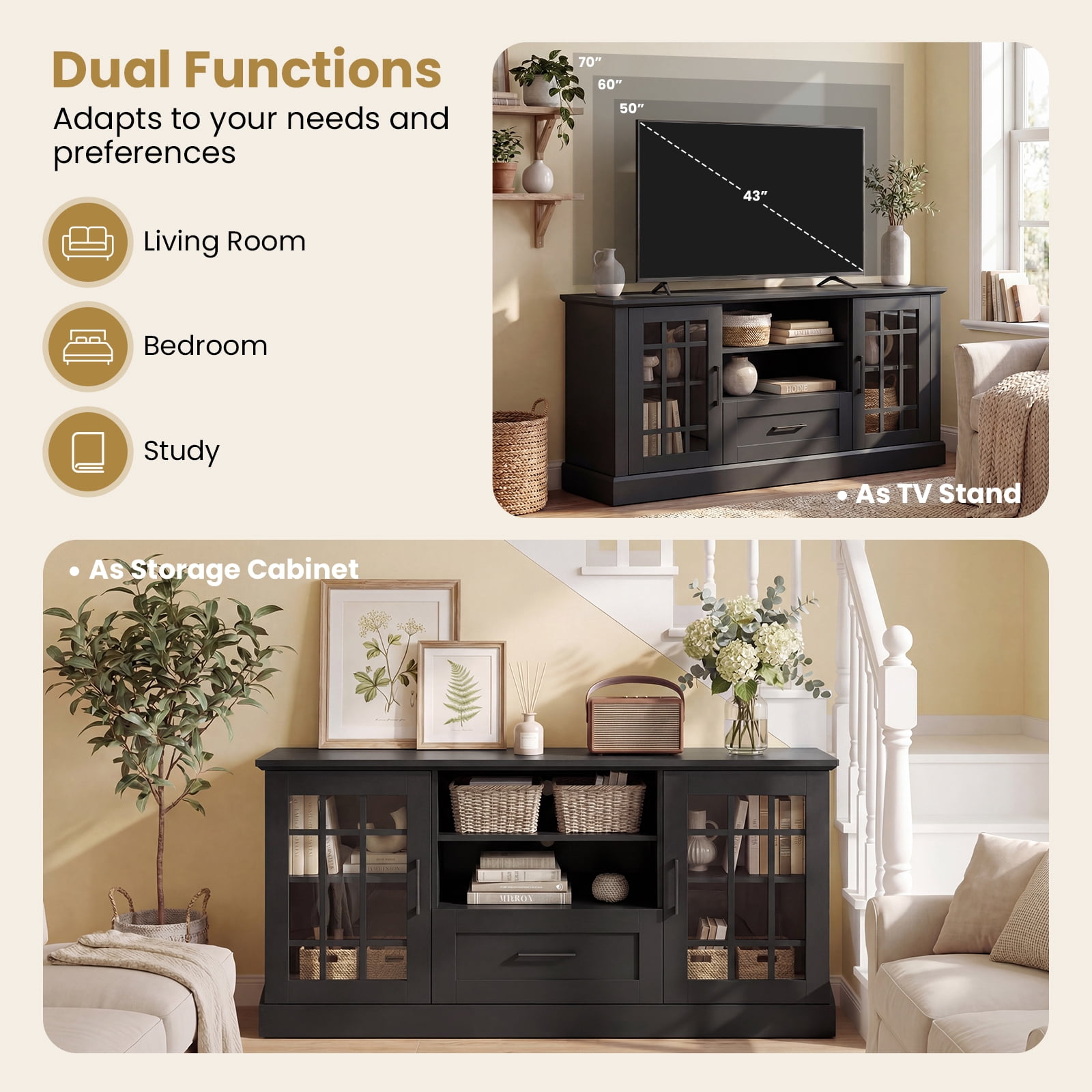 Gymax Farmhouse TV Stand for TVs up to 70'' Entertainment Media Center Storage Cabinet w/Glass Doors
