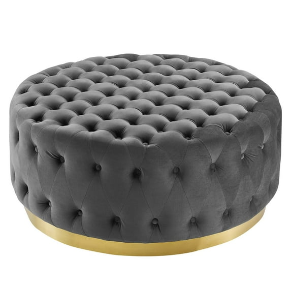 Tufted Accent Chair Ottoman, Round, Velvet, Grey Gray, Modern Contemporary Urban Design, Living Lounge Room Hotel Lobby Hospitality