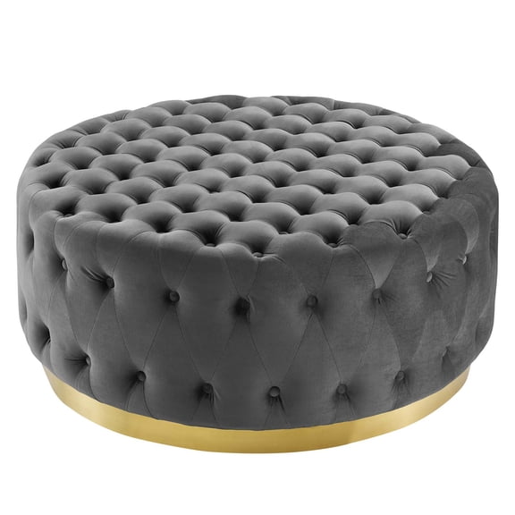 Tufted Accent Chair Ottoman, Round, Velvet, Grey Gray, Modern Contemporary Urban Design, Living Lounge Room Hotel Lobby Hospitality