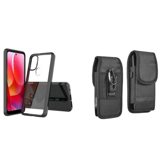 Bemz Case Bundle for Moto G Power 2022 - Fusion Impact Resistant Protection Cover (Black/Clear Back) with Rugged Nylon Phone Carrying Belt Holster Pouch (Vertical)