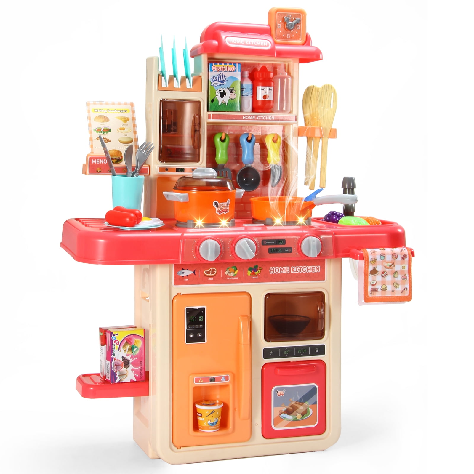 NETNEW 45 PCS Kitchen Playset Kids Kitchen Toys for Girls 3-6 Years with Realistic Lights and Sounds,Pretend Food Steam Play Food Accessories