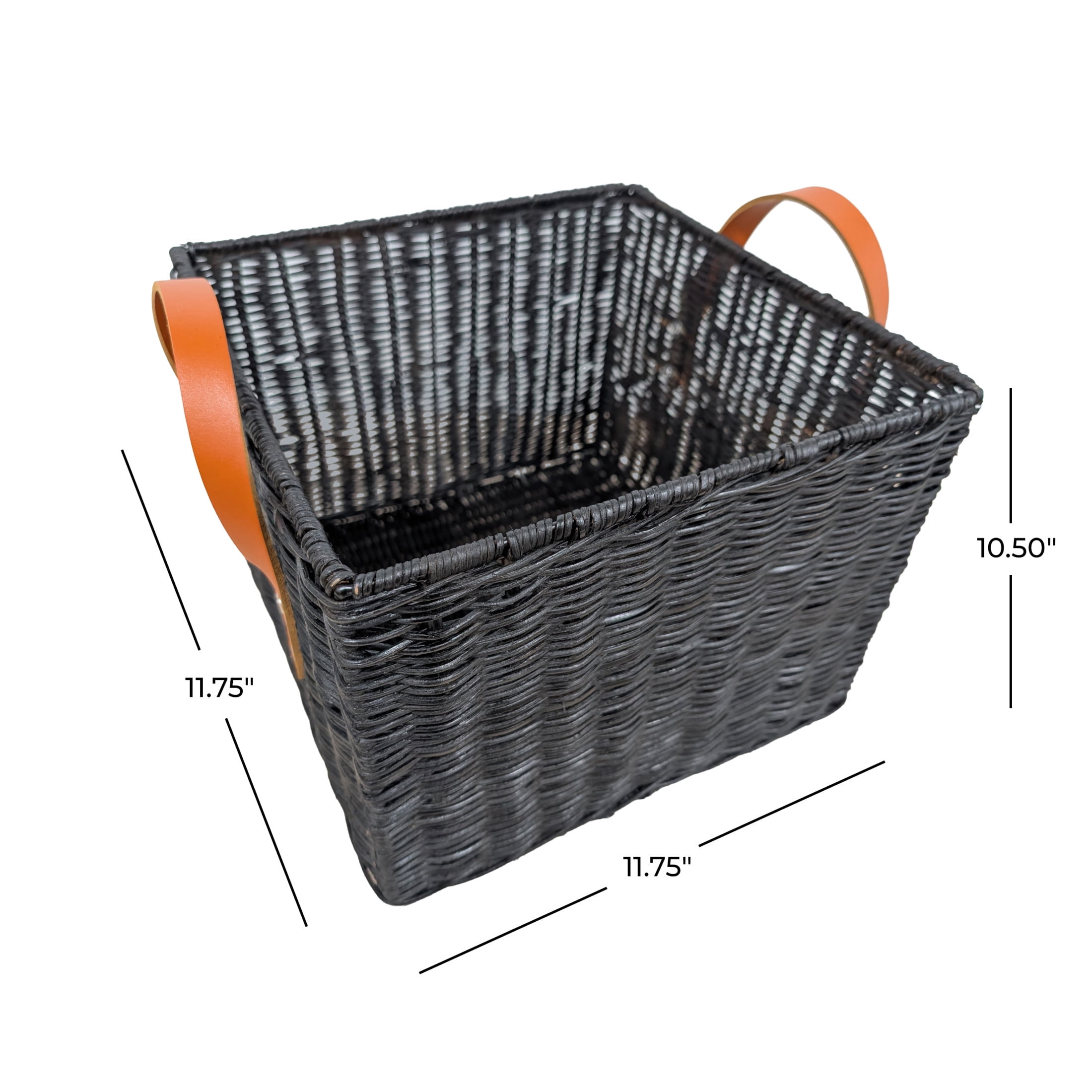 DecMode 12" x 11" Black Rattan Handmade Woven Storage Basket with Brown Leather Handles, 1-Piece