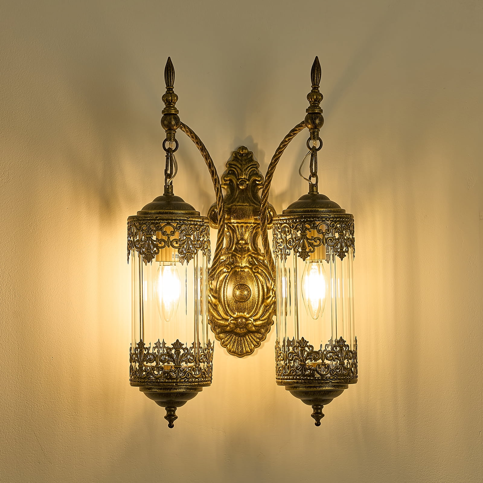 2-Light Vintage Wall Sconce Glass Lantern Wall Sconces Rustic Gold Gothic Wall Lamp Hardwired Glass Wall Lighting Fixture for Bedroom, Living Room, Aisle, Hallway