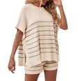 thumbnail image 4 of 2 Pcs Women Striped Outfits Oversized Batwing Short Sleeve Tops High Waisted Shorts Summer Knit Lounge Short Sets, 4 of 5