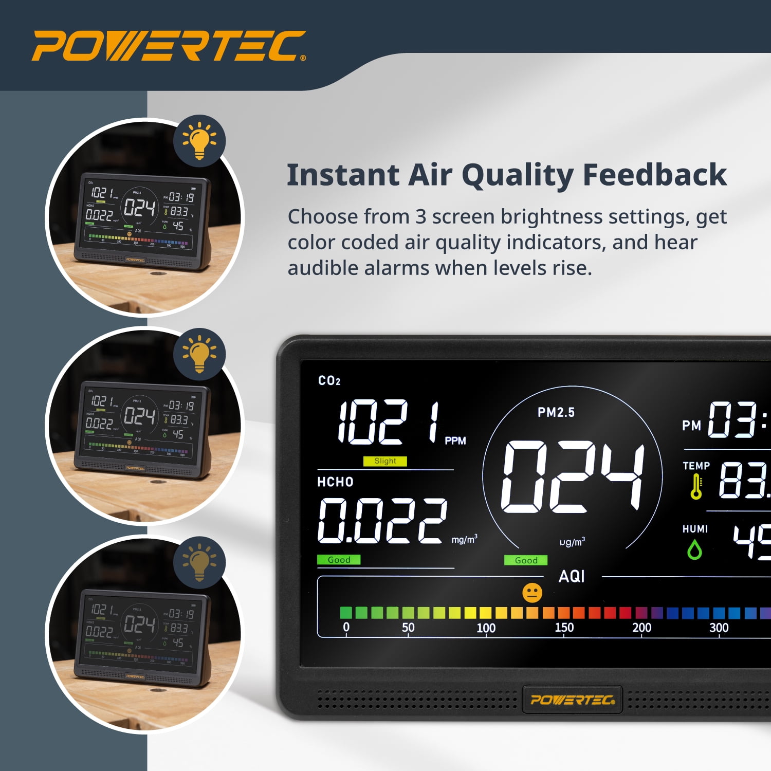 POWERTEC Air Quality Monitor with 7” LCD Display – Multi-Sensor CO₂, PM2.5, PM10, HCHO, TVOC Detector, NDIR Sensors, Rechargeable Indoor/Workshop Air Monitor, AD1001