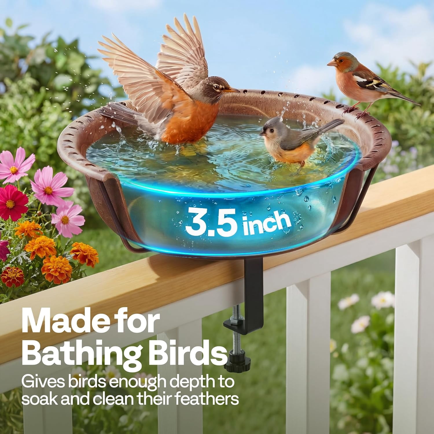 SPECSTAR Deck Mounted Bird Bath for Outside, Weather-Resistant ABS Bird Bath and Feeder with Adjustable Metal Clamp for Railing, Fence, Balcony, 1.45 Gallons, Bronze