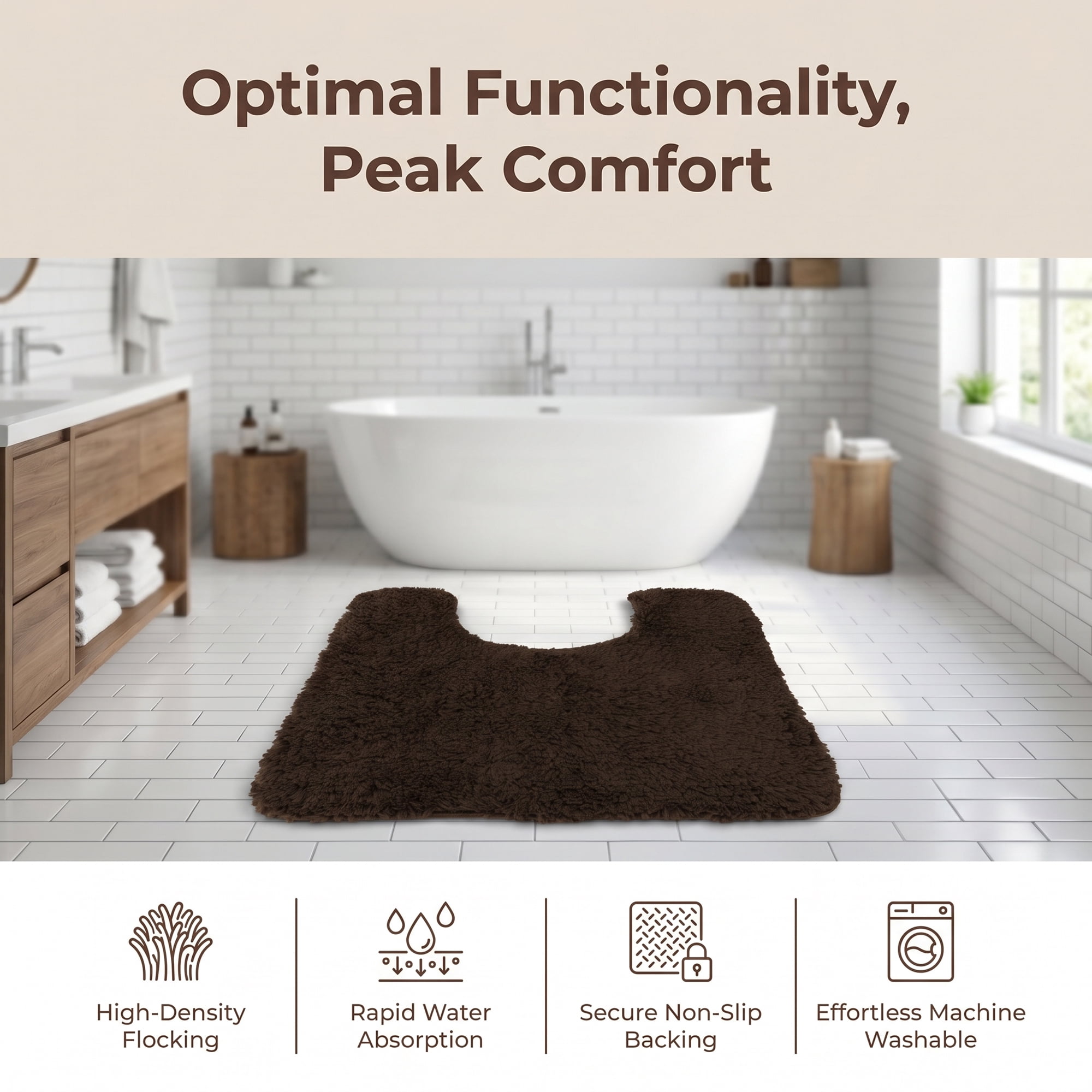 Unique Bargains U-Shaped Absorbent Non Slip Washable Plush Bath Mat Brown 20" x 20"