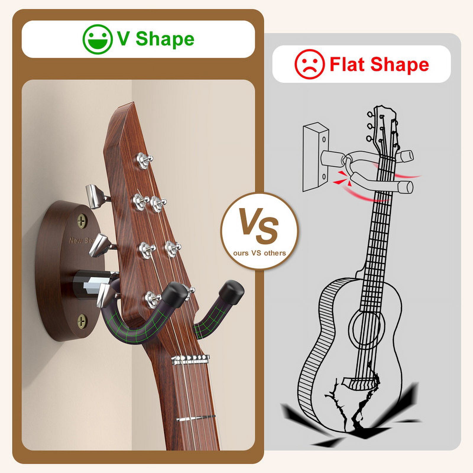 New Bee 2PC Guitar Wall Mount - Sturdy Wood Base & Metal Hook, High Weight Capacity, Anti-Slip V-Shape, Rotatable Adjustable with Soft Rubber - Fits Ukulele/Bass/Mandolin/Banjo (All Sizes)