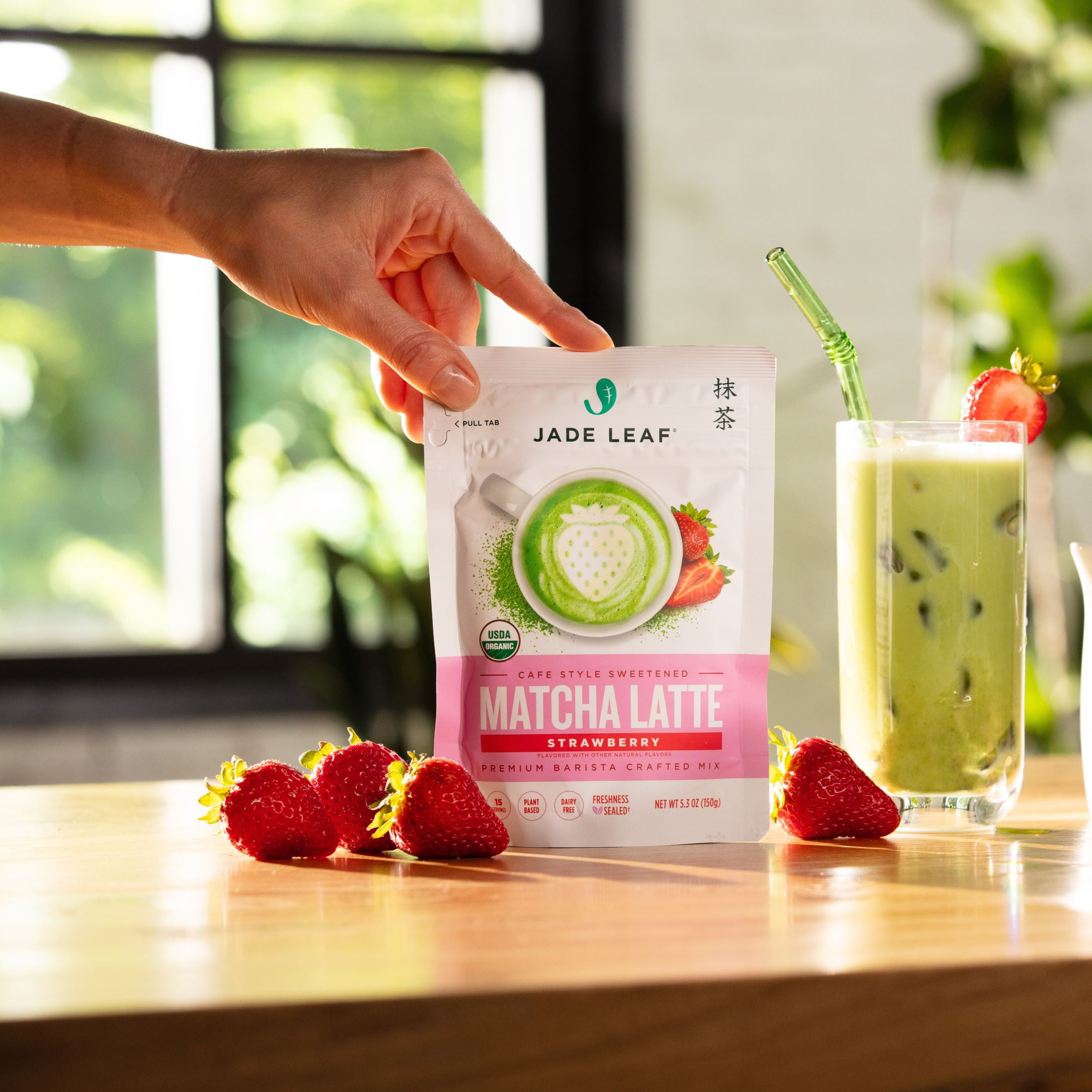 (3 pack) Jade Leaf Organic Matcha Latte Mix, Strawberry, Dairy-Free, 5.3 oz Pouch