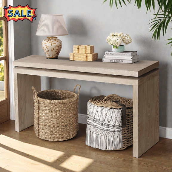 Tcbosik 60 inch Long Console Table, Farmhouse Entryway Table, Retro Sofa Table for Living Room, Hallway, Foyer, Antique Natural & White Washed