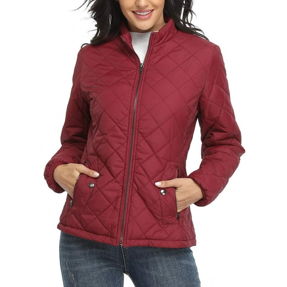Fashnice Ladies Quilted Jackets Long Sleeve Coat Zip Up Outerwear Thermal Work Coats Red XL