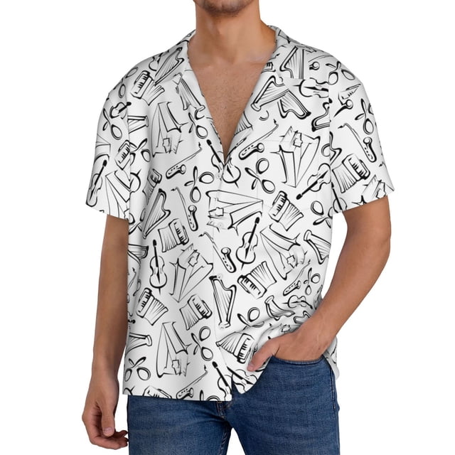Fotbe Black White Music Camisa Estampada de Manga Corta para Hombre, Casual de Verano, Estilo Playero, Sin Arrugas-Medium
