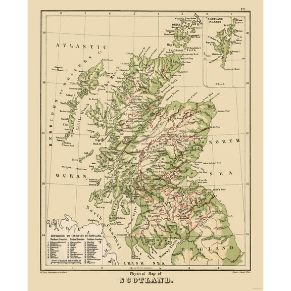 Historic Map - Scotland Physical - Sonnenschein 1880 - 23 x 28.40 - Vintage Wall Art